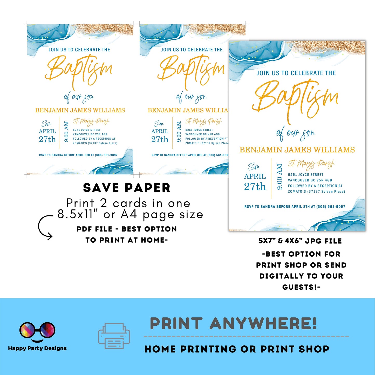 Blue Watercolor Baptism Invitation Template | Gold Christening Baptism | Invitation Boy | Christening | Instant Download | Minimalist #B32