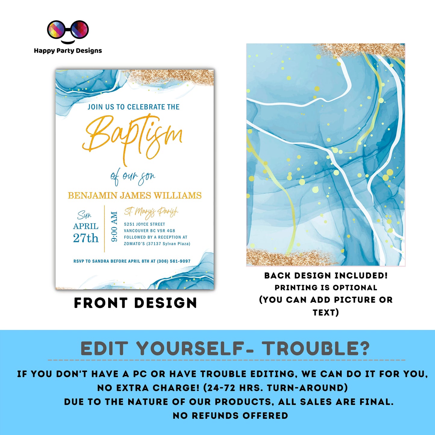 Blue Watercolor Baptism Invitation Template | Gold Christening Baptism | Invitation Boy | Christening | Instant Download | Minimalist #B32