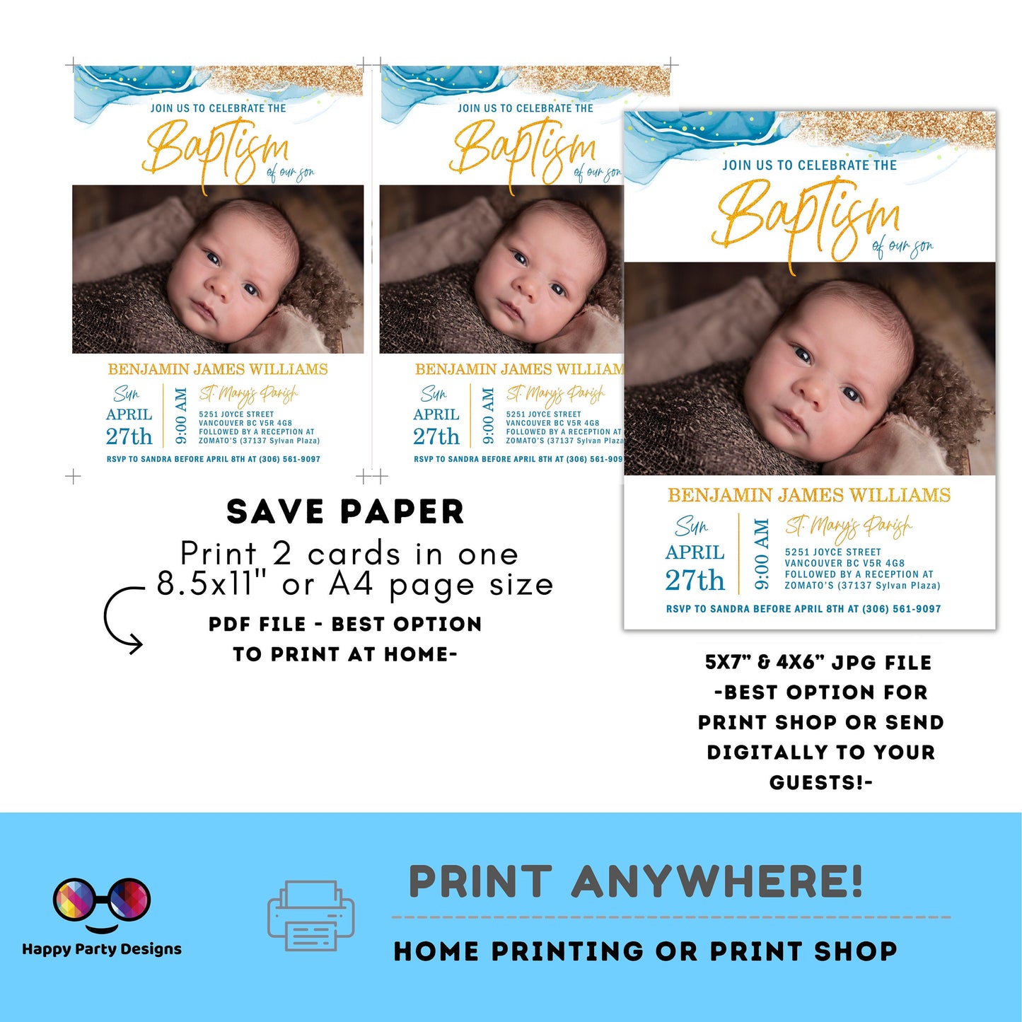 Blue Watercolor Baptism Invitation Template | Gold Christening Baptism | Invitation Boy with picture | Christening | Instant Download