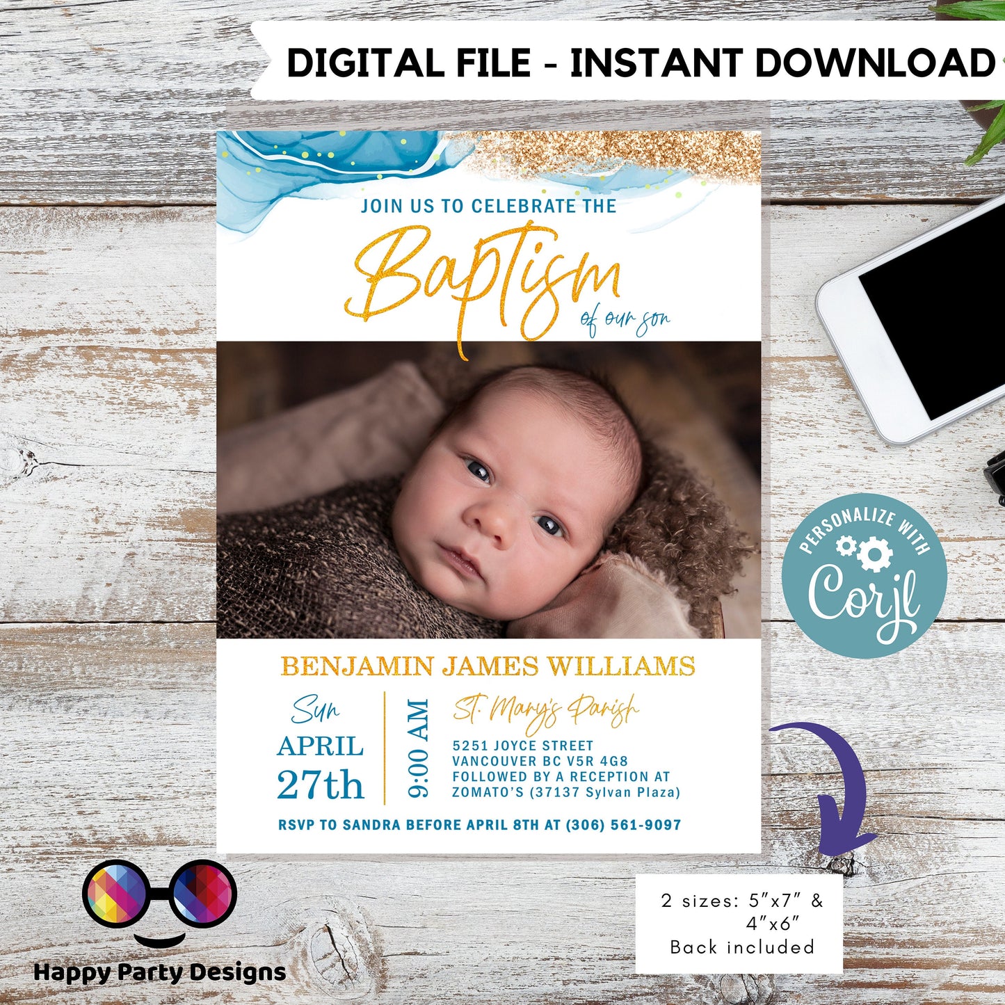 Blue Watercolor Baptism Invitation Template | Gold Christening Baptism | Invitation Boy with picture | Christening | Instant Download
