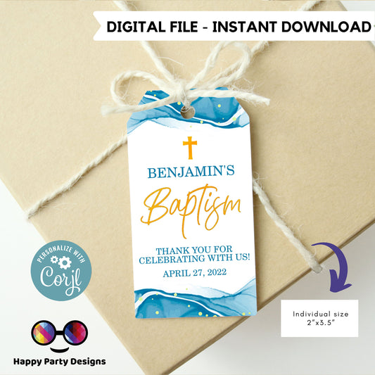 Editable Baptism Favor Tags | Blue and gold favor Tags  |  Rectangle Gift Tag | Thank You tag | Boy Baptism Blue | Christening Favor Tags
