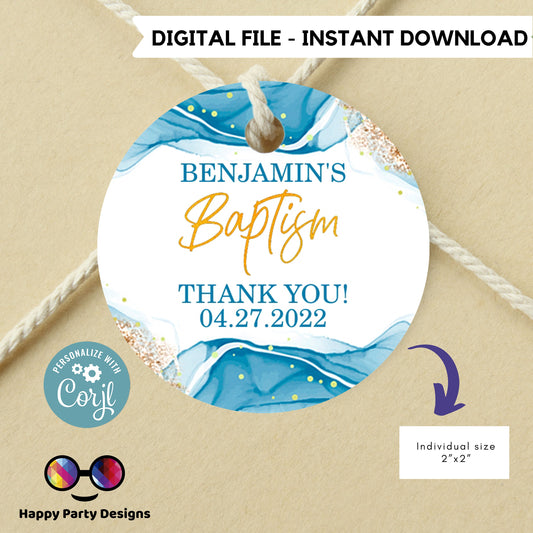 Editable Baptism Round Favor Tags | Blue and gold favor Tags  |  Round Gift Tag | Thank You tag | Boy Baptism Blue | Christening Favor Tags