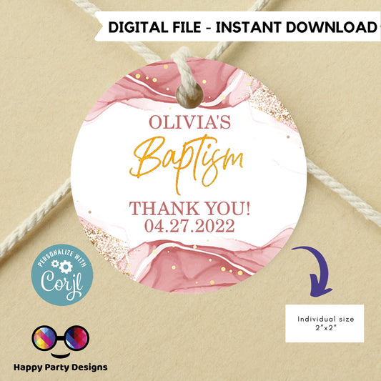 Editable Baptism Round Favor Tags | Pink and gold favor Tags  |  Round Gift Tag | Thank You tag | Girl Baptism Pink | Christening Favor Tags