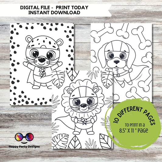Set of 10 Animal Super heroes Printable Coloring Pages | for Kids | Super Heroes Coloring Activity | For Preschoolers | School activity