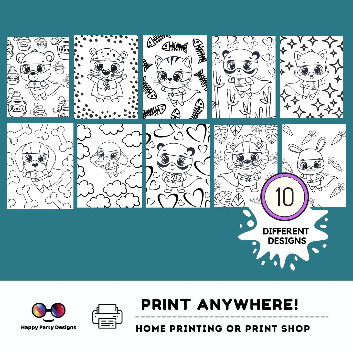 Set of 10 Animal Super heroes Printable Coloring Pages | for Kids | Super Heroes Coloring Activity | For Preschoolers | School activity