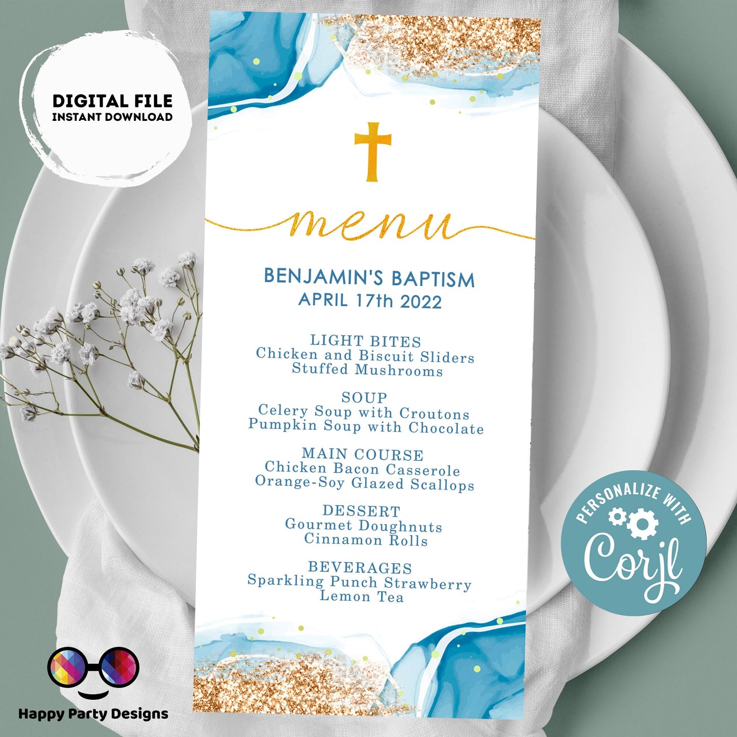 Blue Watercolor Baptism Menu Template | Gold Christening Baptism |  Boy | Christening | Instant Download | Minimalist