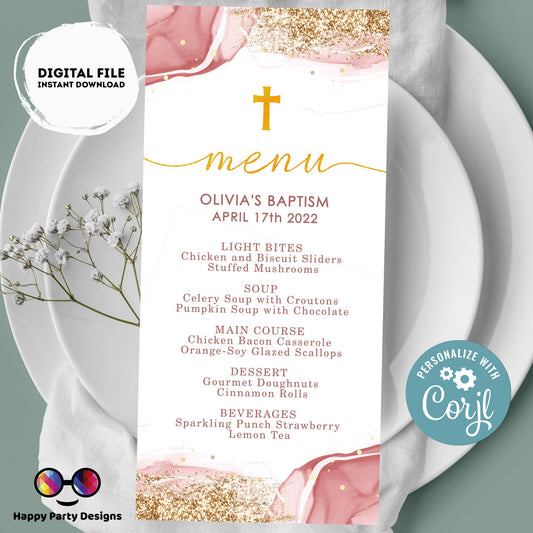 Pink Watercolor Baptism Menu Template | Gold Christening Baptism | Girl | Christening | Instant Download