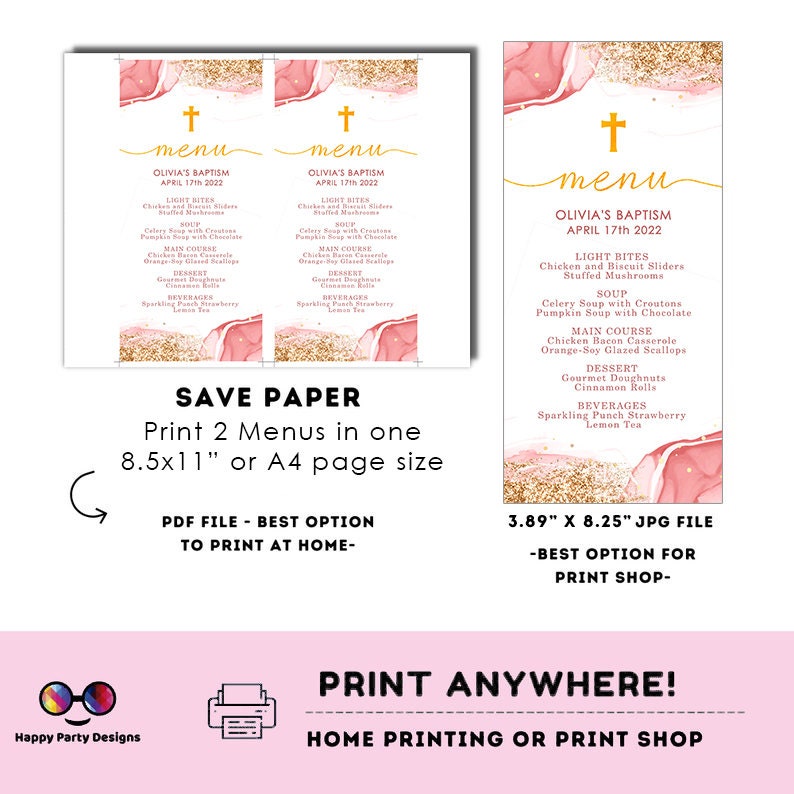 Pink Watercolor Baptism Menu Template | Gold Christening Baptism | Girl | Christening | Instant Download