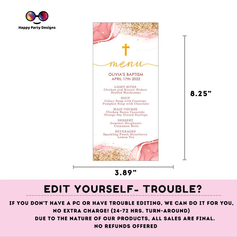 Pink Watercolor Baptism Menu Template | Gold Christening Baptism | Girl | Christening | Instant Download