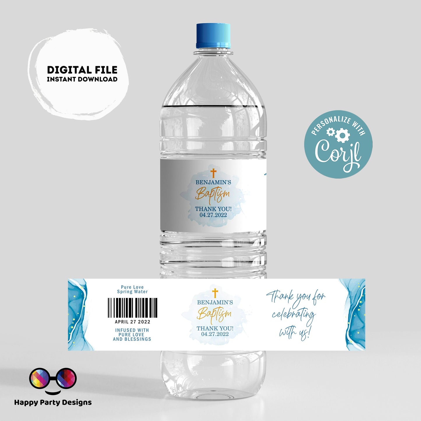 Editable Baptism water bottle labels | digital labels |  printable watercolor labels | Christening |  bottle labels  | Boy baptism