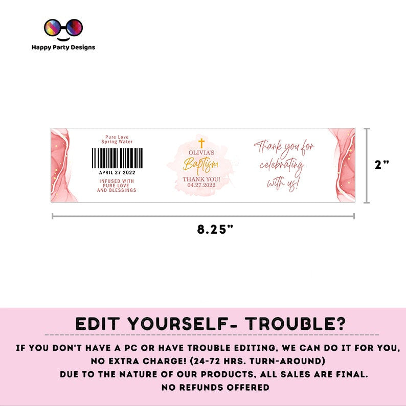 Editable Baptism water bottle labels | printable labels |  pink and gold watercolor labels | Christening |  bottle labels  | girl baptism