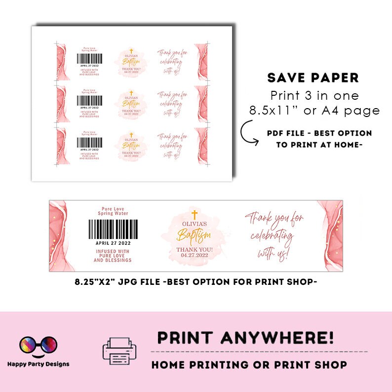 Editable Baptism water bottle labels | printable labels |  pink and gold watercolor labels | Christening |  bottle labels  | girl baptism