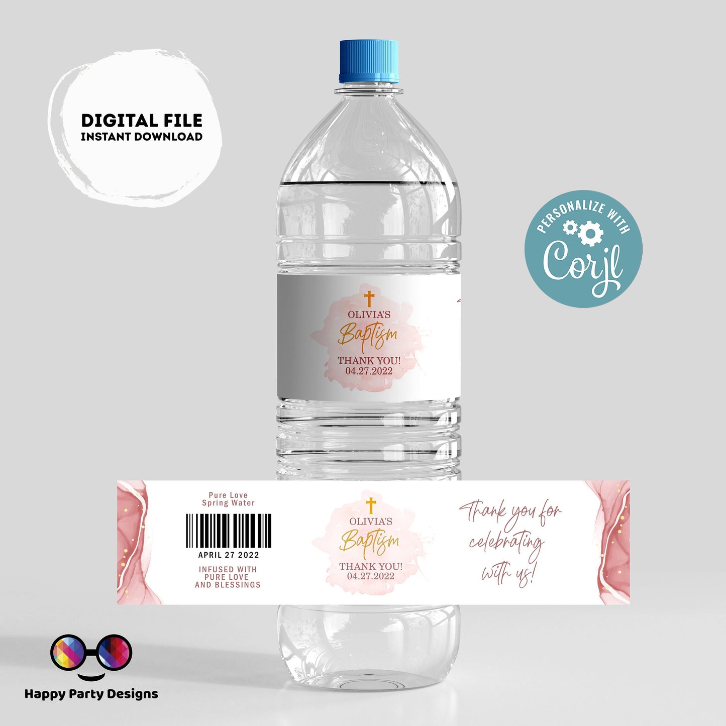 Editable Baptism water bottle labels | printable labels |  pink and gold watercolor labels | Christening |  bottle labels  | girl baptism