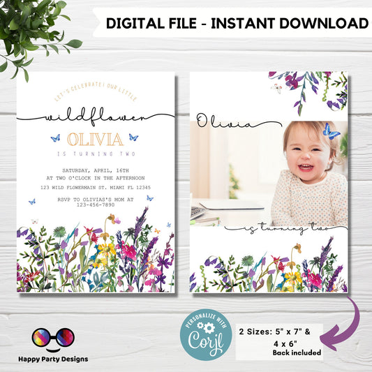 Wildflower Birthday Invitation | Little Wild flower | Garden Birthday Party | Whimsical Spring | Meadow Birthday Party | with picture #K73