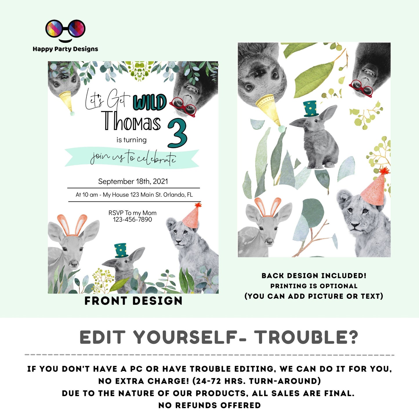 Editable party animals Birthday invitation | Green Birthday | Wild animals  | invitation zoo safari | digital invitation| Personalize Online