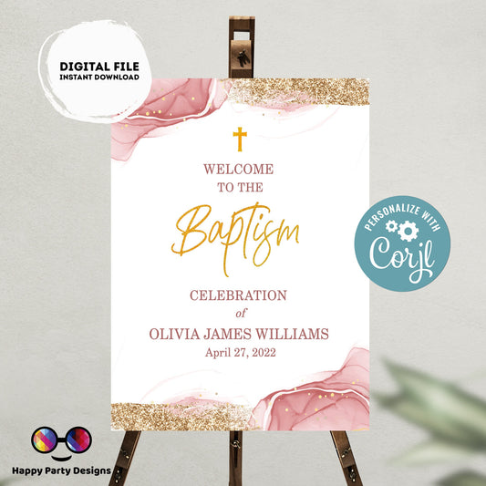 Editable Baptism Welcome Sign | Pink Watercolor | Christening Decorations | Baptism Girl | Christening Welcome Sign | Blush Baptism Sign
