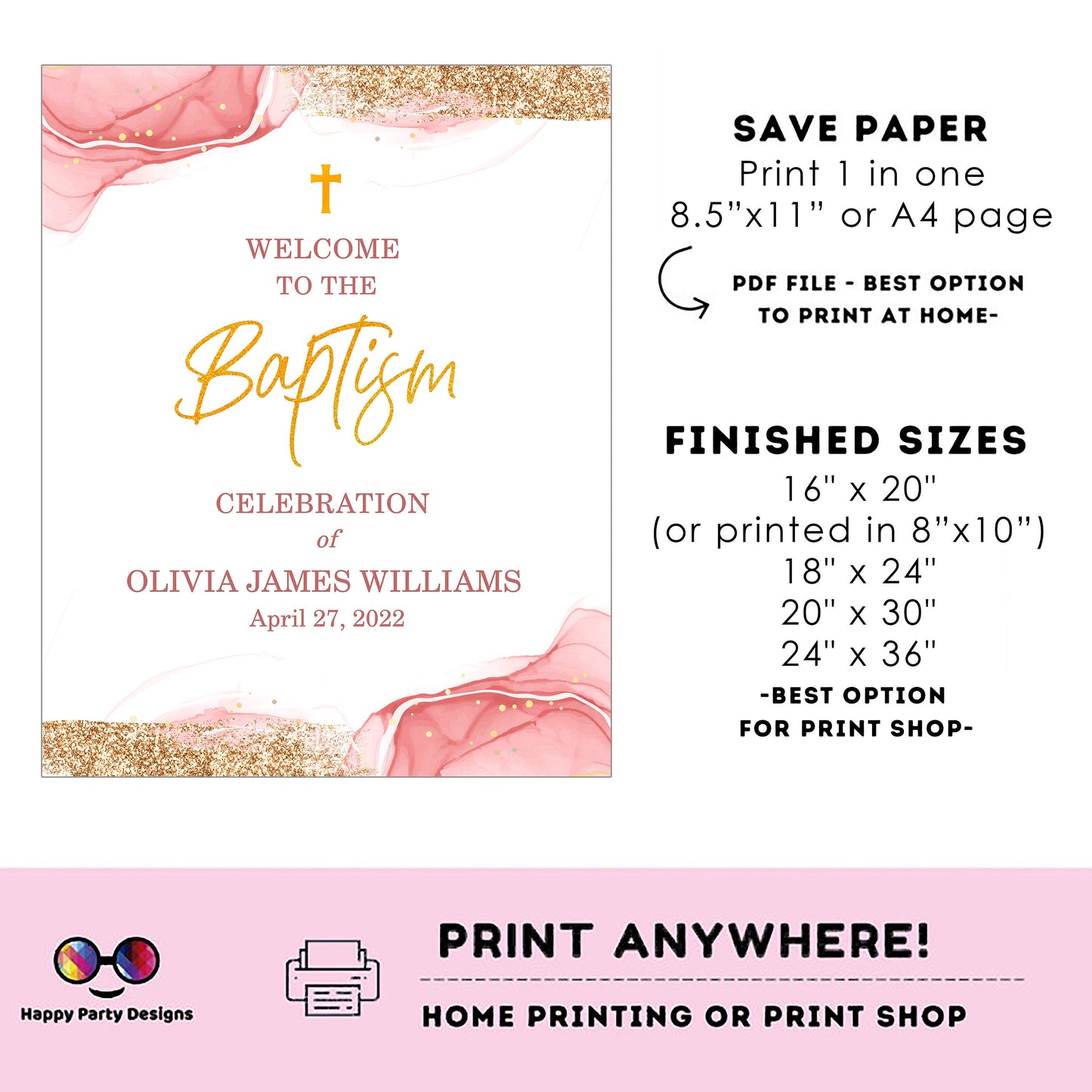 Editable Baptism Welcome Sign | Pink Watercolor | Christening Decorations | Baptism Girl | Christening Welcome Sign | Blush Baptism Sign