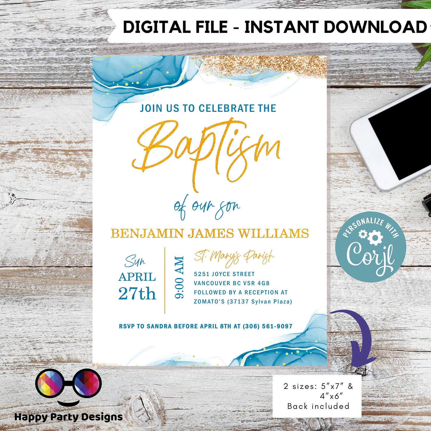 Blue Watercolor Baptism Invitation Template | Gold Christening Baptism | Invitation Boy | Christening | Instant Download | Minimalist #B32
