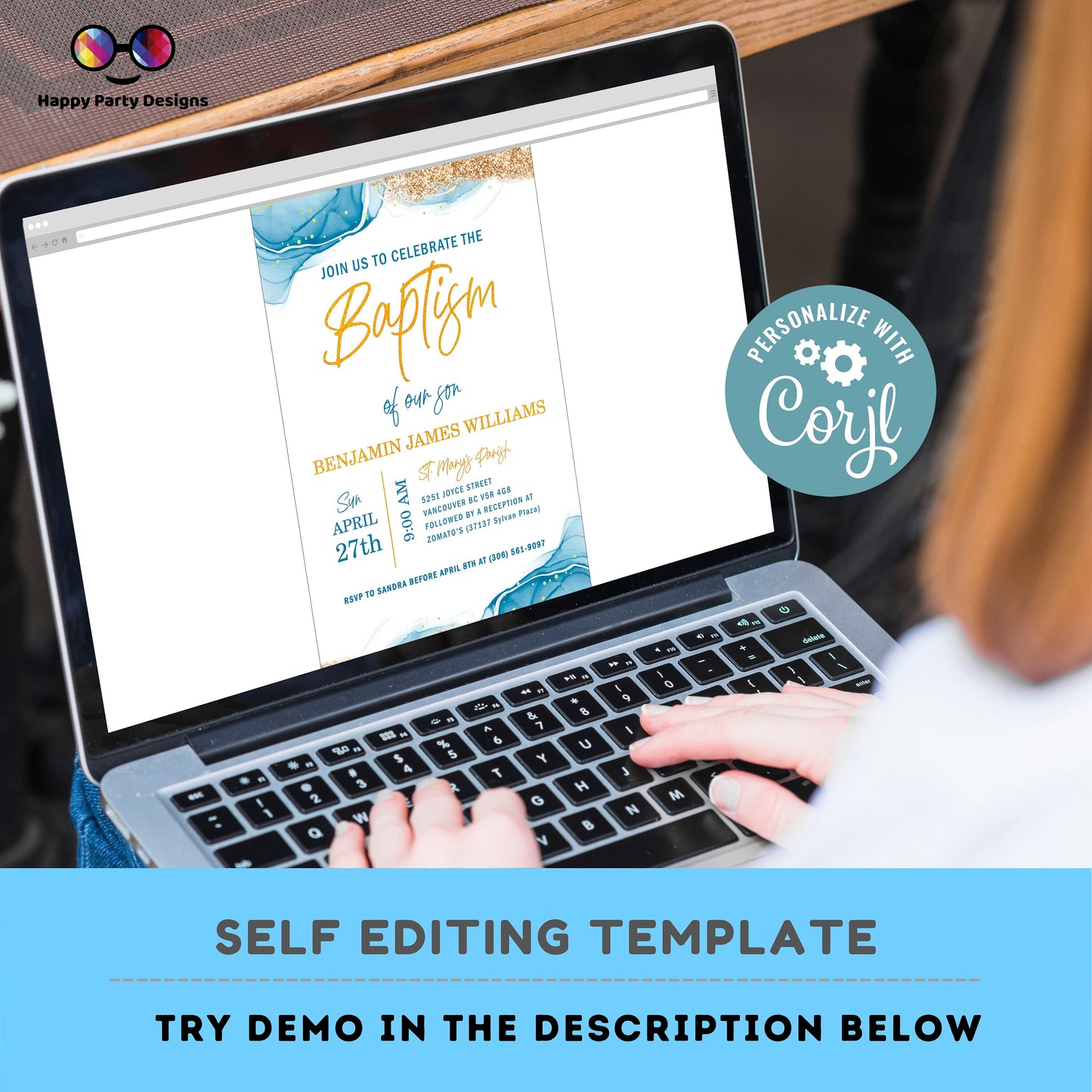 Blue Watercolor Baptism Invitation Template | Gold Christening Baptism | Invitation Boy | Christening | Instant Download | Minimalist #B32