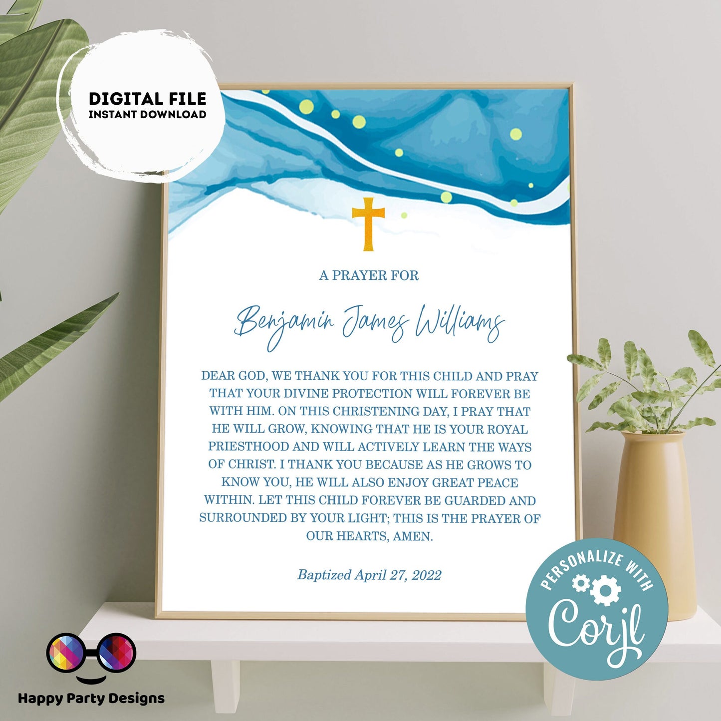 Baptism Prayer Sign Template | Blue Watercolor | Personalized Prayer Sign | Baptism Boy | Editable Baptism Gift | Boy Baptism Sign