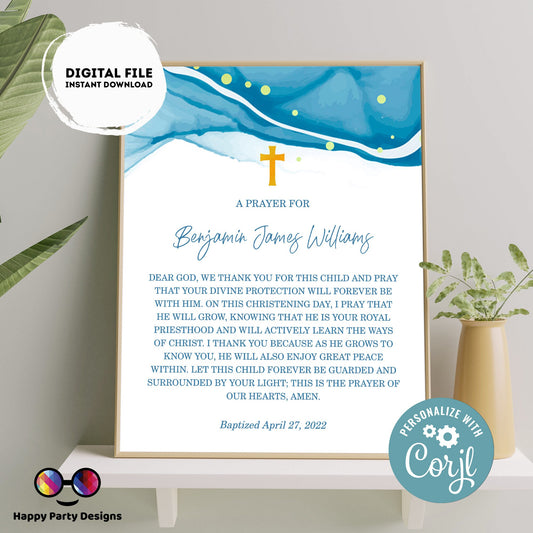 Baptism Prayer Sign Template | Blue Watercolor | Personalized Prayer Sign | Baptism Boy | Editable Baptism Gift | Boy Baptism Sign