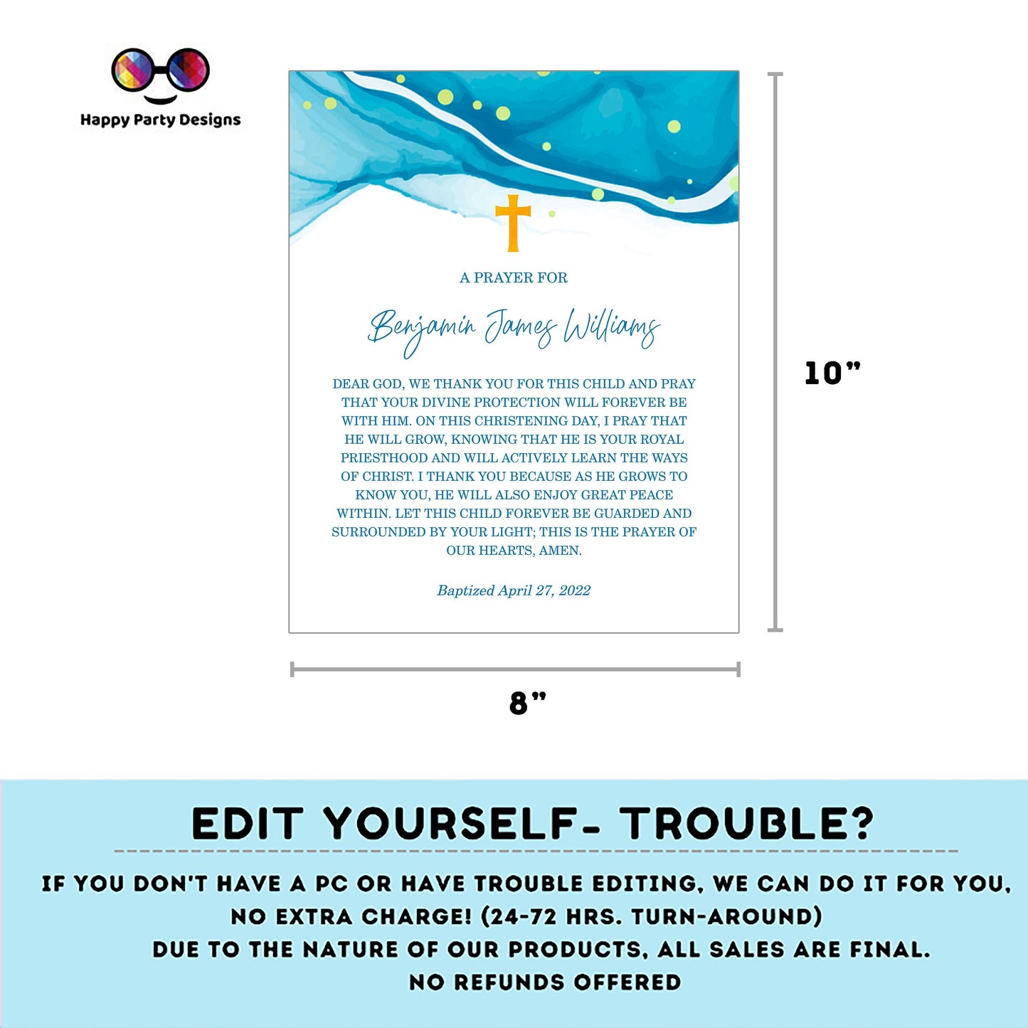 Baptism Prayer Sign Template | Blue Watercolor | Personalized Prayer Sign | Baptism Boy | Editable Baptism Gift | Boy Baptism Sign