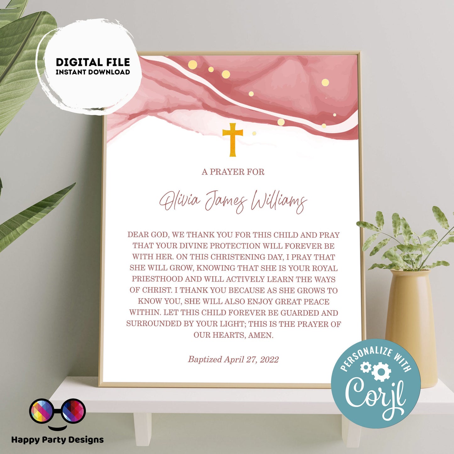 Baptism Prayer Sign Template | Pink and gold Watercolor | Editable Prayer Sign | Baptism Girl | Editable Baptism Gift | Girl Baptism Sign