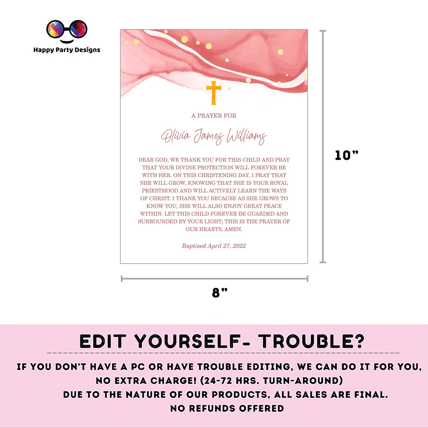 Baptism Prayer Sign Template | Pink and gold Watercolor | Editable Prayer Sign | Baptism Girl | Editable Baptism Gift | Girl Baptism Sign