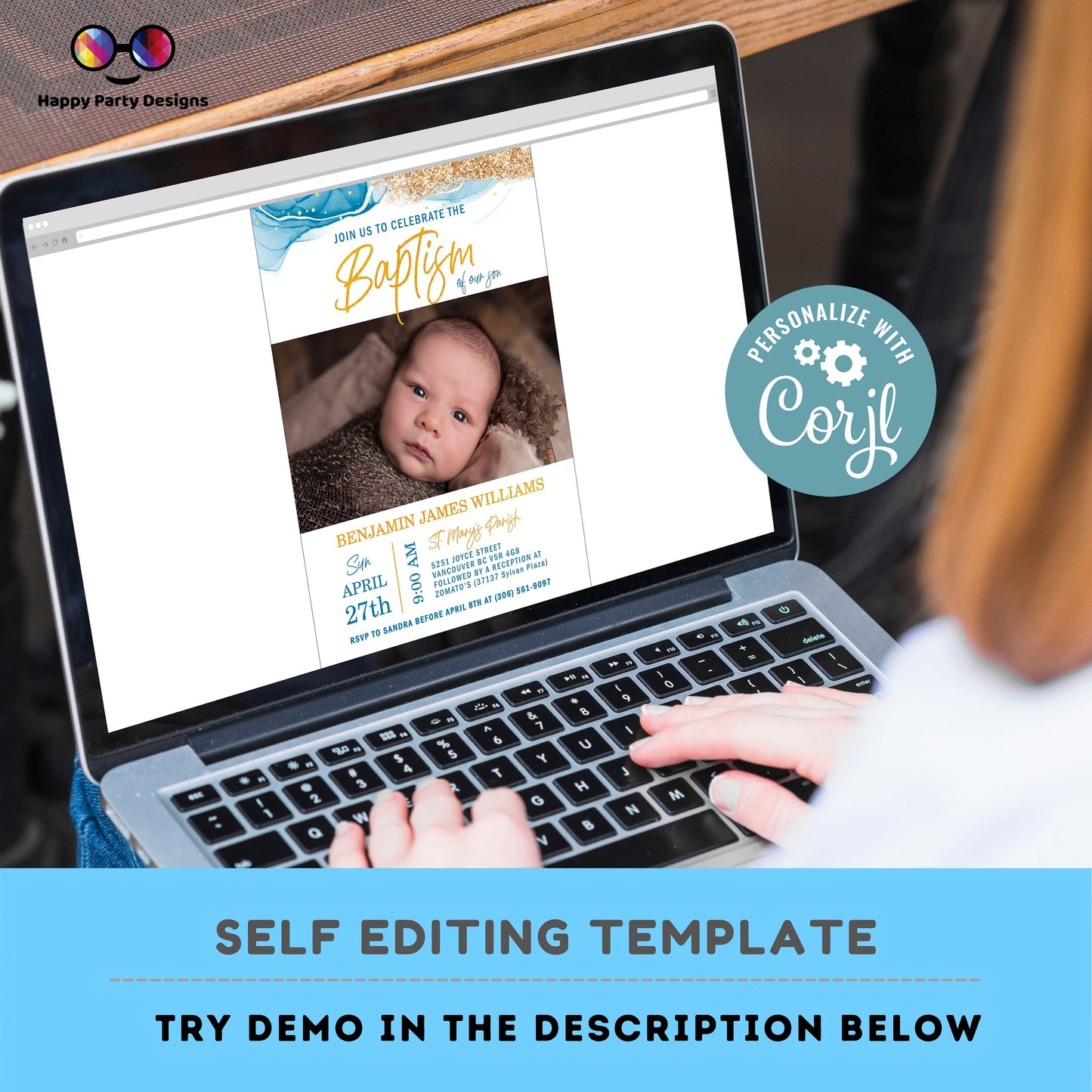 Blue Watercolor Baptism Invitation Template | Gold Christening Baptism | Invitation Boy with picture | Christening | Instant Download