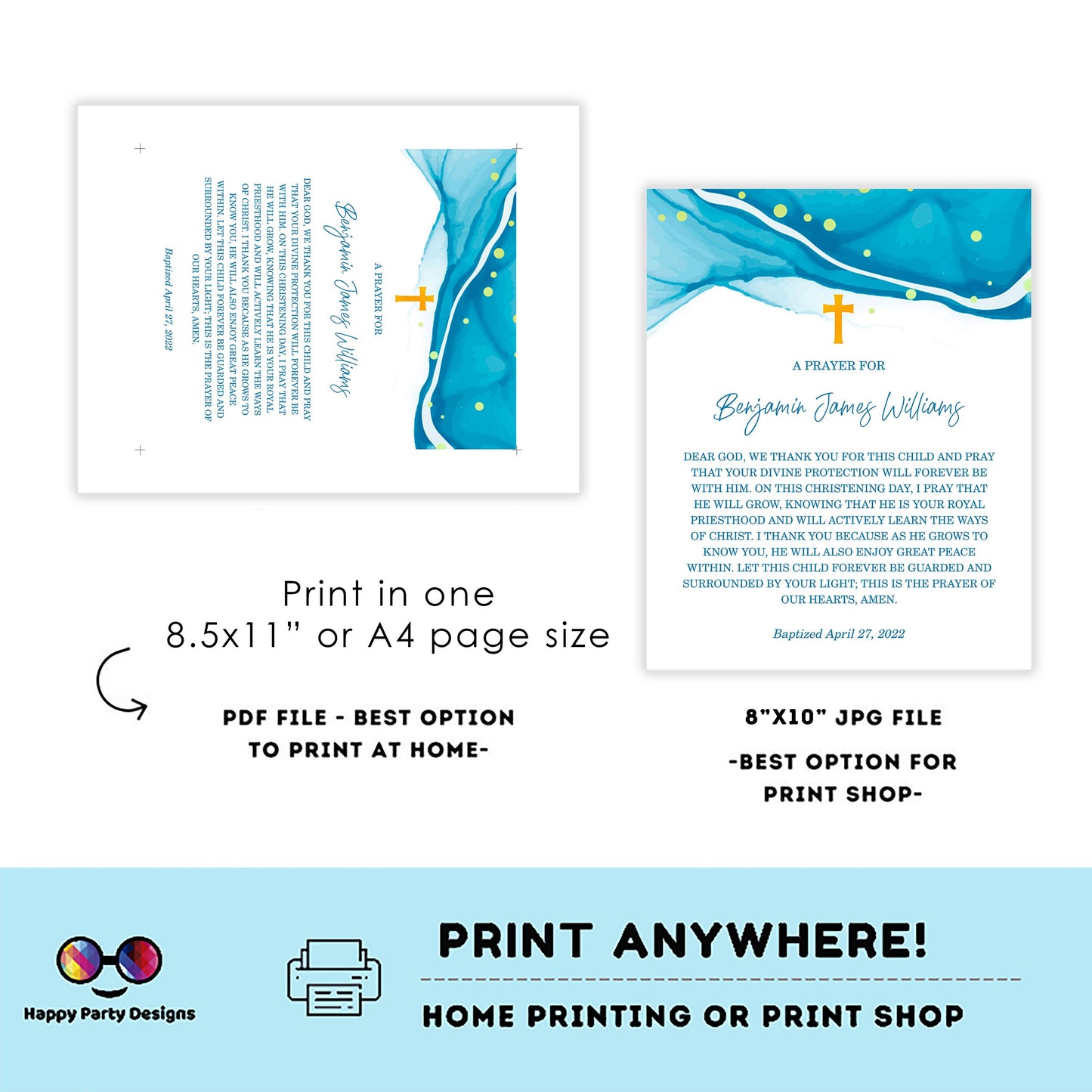 Baptism Prayer Sign Template | Blue Watercolor | Personalized Prayer Sign | Baptism Boy | Editable Baptism Gift | Boy Baptism Sign