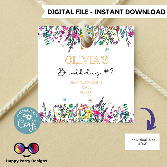 Editable Wild flower squared Favor Tag | Our Little Wildflower favor Tags | Thank You tag | Butterfly Wildflower | Spring birthday #K73