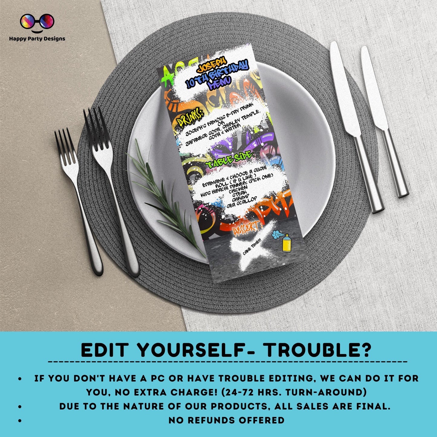 Editable Graffiti Menu | Digital graffiti printable menu  | Birthday boy | Graffiti menu | Personalize Online #K1