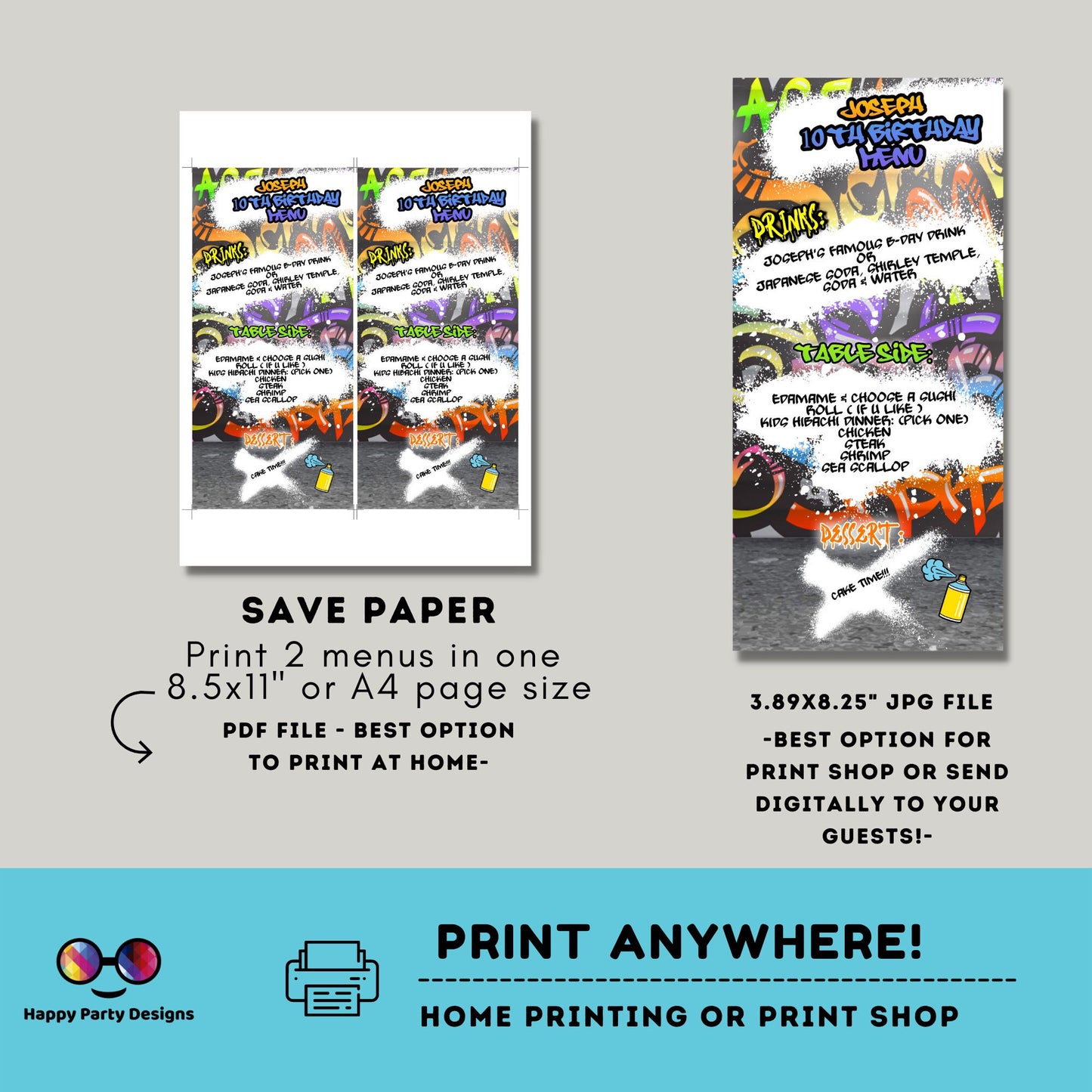 Editable Graffiti Menu | Digital graffiti printable menu  | Birthday boy | Graffiti menu | Personalize Online #K1