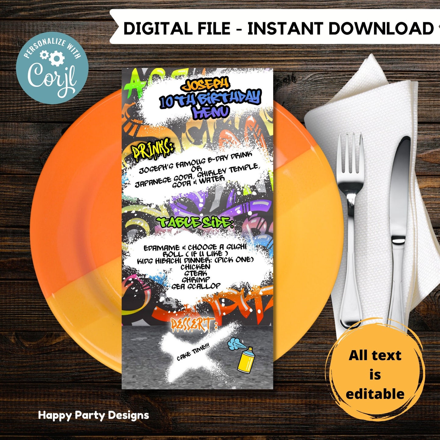 Editable Graffiti Menu | Digital graffiti printable menu  | Birthday boy | Graffiti menu | Personalize Online #K1