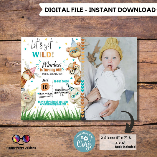 Editable watercolor woodland invitation with picture | Digital Wild printable invite | Any age! | cute animals Digital | Personalize Online