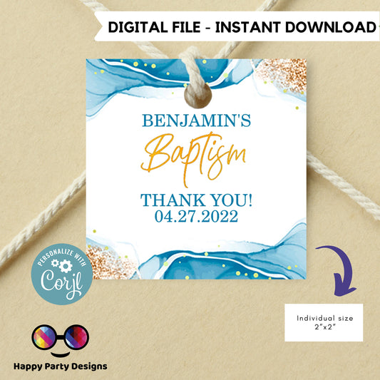 Editable Baptism squared Favor Tags | Blue and gold favor Tags  |  squared Gift Tag | Thank You tag | Boy Baptism Blue | Christening Favor