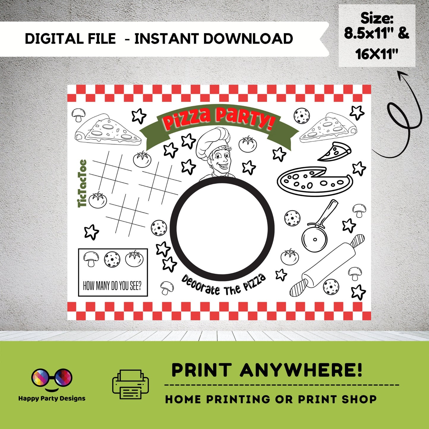 Printable Pizza Party Coloring Page | Pizza Birthday Activity | Pizza Party Placemat | Pizzeria table mat | Printable Pizza Party Games #K46