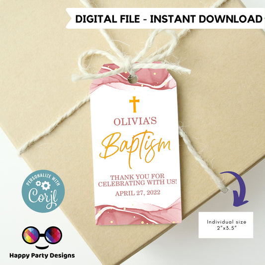 Editable Baptism Favor Tags | pink and gold favor Tags  |  Rectangle Gift Tag | Thank You tag | Girl Baptism pink | Christening Favor Tags