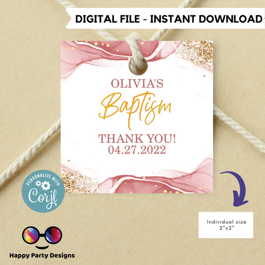 Editable Baptism squared Favor Tags | Pink and gold favor Tags  |  squared Gift Tag | Thank You tag | Girl Baptism Pink | Christening Favor