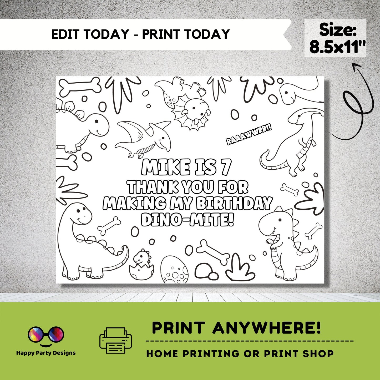 Editable Dino coloring page | Placemat coloring page | Any Age | Dinosaur birthday | Dinosaur Party Activity