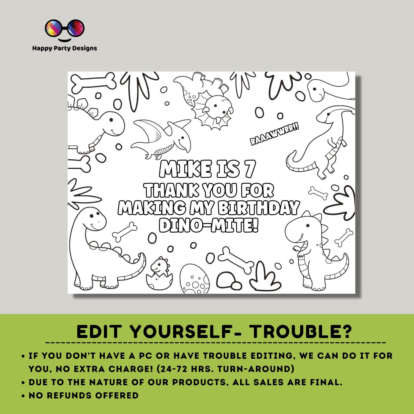 Editable Dino coloring page | Placemat coloring page | Any Age | Dinosaur birthday | Dinosaur Party Activity