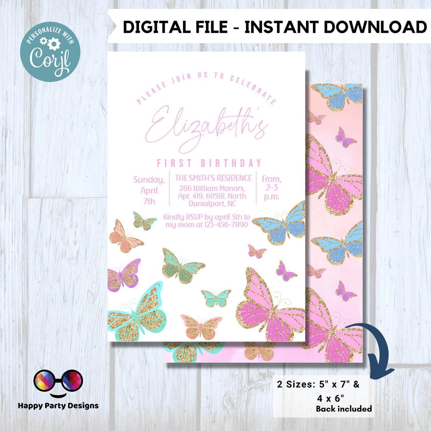 Butterfly Birthday Invitation | Butterflies | Garden Birthday Party | Pastel Butterflies | Girl Birthday | Pink Purple Butterfly #0002