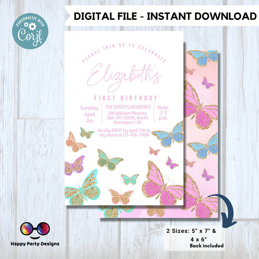 Butterfly Birthday Invitation | Butterflies | Garden Birthday Party | Pastel Butterflies | Girl Birthday | Pink Purple Butterfly #0002