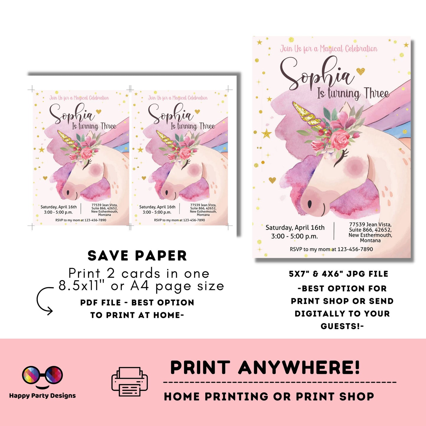 Unicorn Birthday Invitation | Unicorn birthday party | Unicorn template invite | unicorn party | EDITABLE ON LINE | #0001
