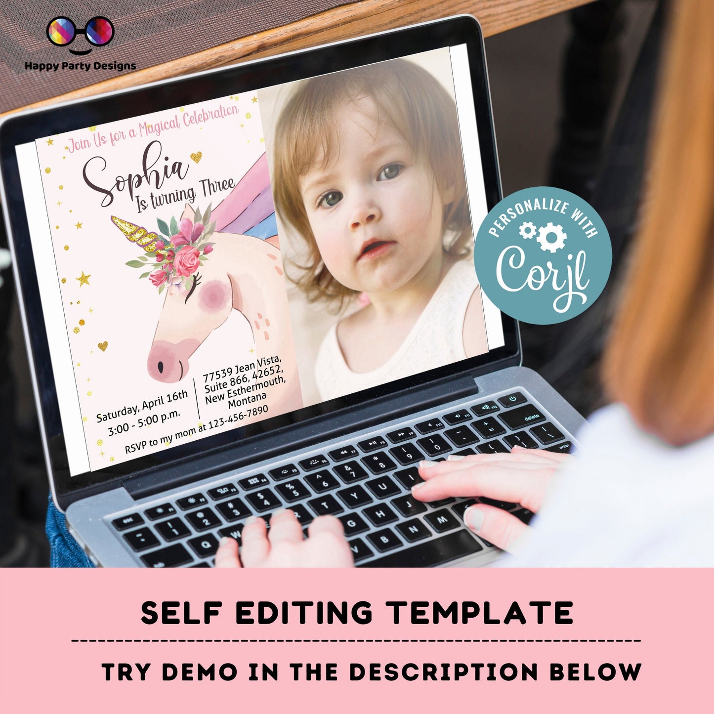 Unicorn Birthday Invitation with picture | Unicorn birthday party | Unicorn template invite | unicorn party | EDITABLE ON LINE | 0001