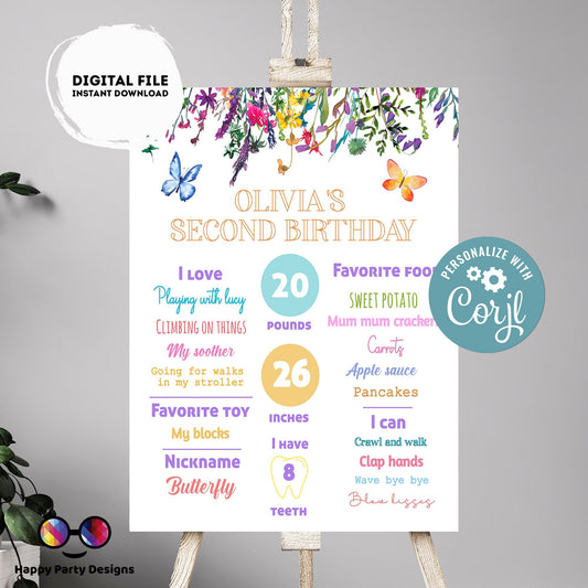 Editable Milestone Sign | Wildflower birthday | Spring birthday Decorations | baby Girl | Flower Sign | Butterfly party | Wild flower #K73