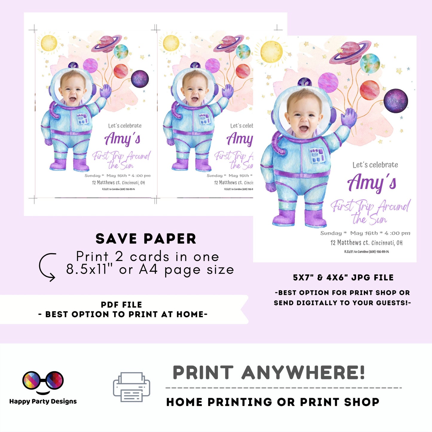 Editable Outer Space First Birthday Invitation Galaxy Blast Off First Trip Around the Sun Space Girl photo Download Printable Template Corjl