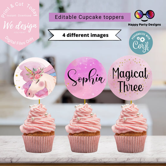 Editable Unicorn cupcake toppers | Unicorn party | Unicorn Birthday Party | watercolor unicorn | Girl Birthday Invitation | #0001