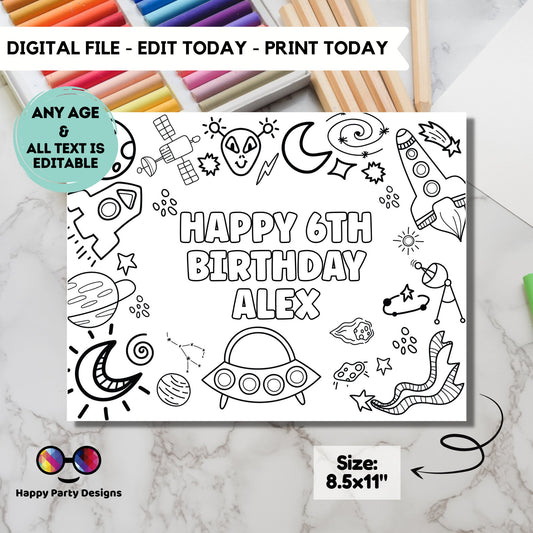 Editable Space coloring page | Placemat coloring page | Any Age | Out of this world birthday | Space Party Activity