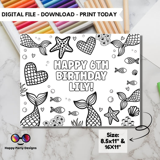 Editable mermaids coloring page | Mermaid placemat | Any Age | Mermaid birthday | Game Mermaid Party Activity